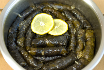 Turkish meal, stuffed grape leaves, rice and spices