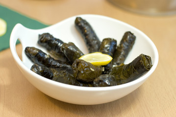 Turkish meal, stuffed grape leaves, rice and spices