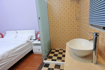 hotel bedroom and bathroom
