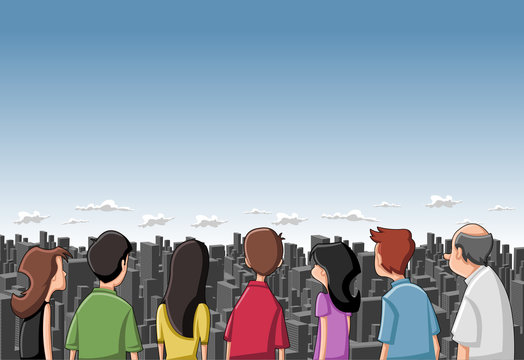 Group Cartoon People Looking / Staring At Big City