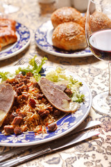 Uzbek national dish - plov with horse meat