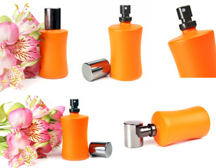 small bottle with a perfume liquid and flowers