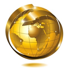 World Globe Golden mit Pfeil-Globe Golden World-Vektor