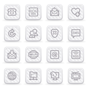 Communication icons on gray buttons.