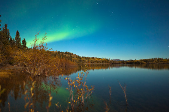 Northern lights and fall colors at calm lake