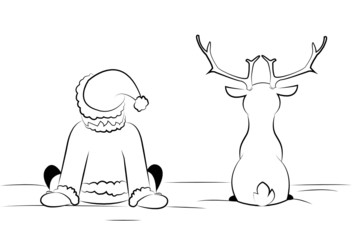 Santa und Rudolph im Schnee sitzend - obrazy, fototapety, plakaty