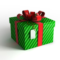 Gift box with red ribbon, green wrapping and tag