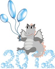Cartoon dragon with balloons sitting on bubbles 2012