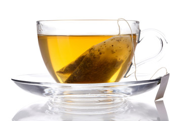 Cup of green tea white background