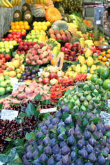 Fruit on sale La Boqueria food market in Barcelona Catalonia Spa