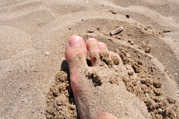 Portrait of my feet feeling the sand of the ocean