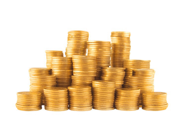Ukrainian golden coins in column isolated on white
