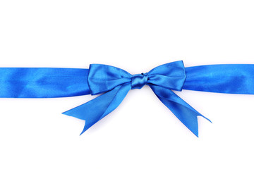 Blue ribbon and bow isolated on white background