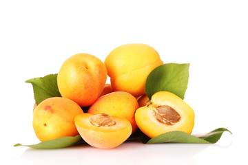 apricots with leaves isolated on white