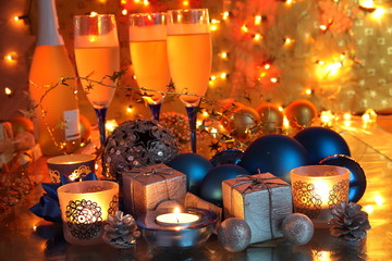 Fototapeta na wymiar Bauble,gifts,candle lights and champagne.