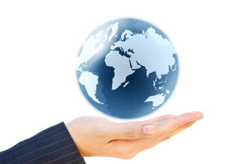 holding a glowing earth globe in his hand isolate on white.