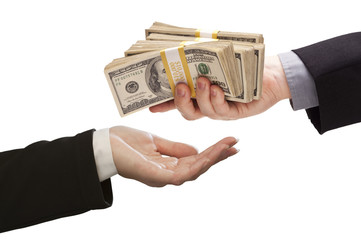 Handing Over Cash to Other Hand on White