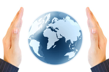 holding a glowing earth globe in his hands isolate on white