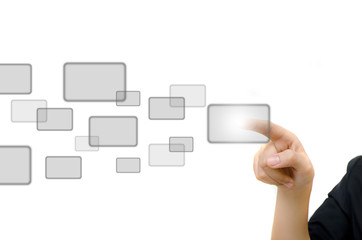 business young pushing digital button on whiteboard.