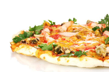Delicious pizza with seafood  isolated on white