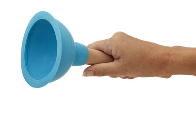 Woman holding drain sink plunger, isolated over white