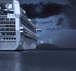 Wall murals Storm Cruise ship with lightning strikes in distance