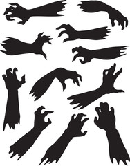 Scary zombie hands silhouettes set.
