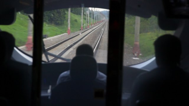 View railroad from train driver cabin during movement