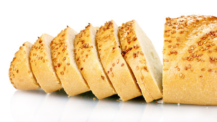 tasty sliced bread with sesame seeds isolated on white