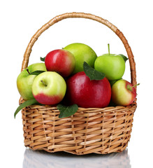 Basket of fresh ripe apples isolated on white