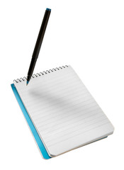 Small notepad with a flying pen isolated on white
