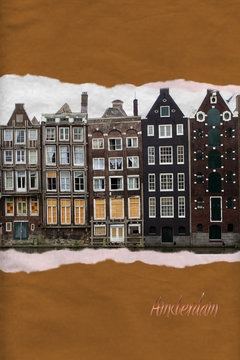 Amsterdam houses ripped paper postcard