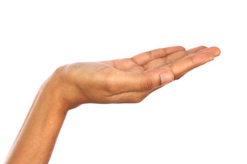 Human hand held up against white