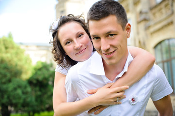 Fototapeta premium Portrait of a happy couple embracing eachother