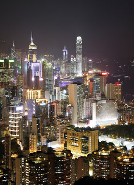Hong Kong with crowded buildings at night