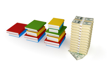 Three stacks of books and large dollar stack.