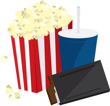 Movie popcorn, candy bar and soft drink