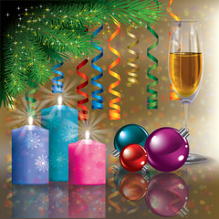 Christmas greeting with champagne and tree