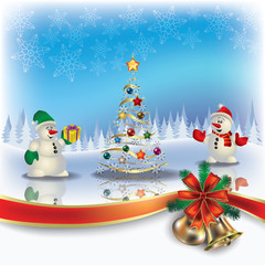 Christmas greeting with snowmen and tree