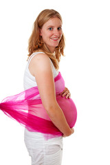 pregnant woman with pink cloth