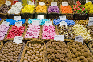 Sweets store in Boqueria Market at Ramblas in Barcelona, Spain