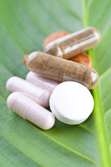 Pills closeup on the leaf