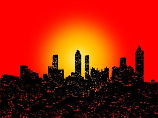 Grunge Atlanta skyline with abstract sunset illustration