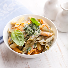 Penne with cream cheese sauce and spinach