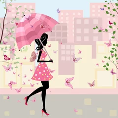 Fototapete Blumen Frau schönes Mädchen mit Regenschirm in der Stadt