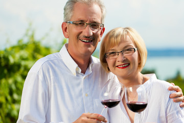 Happy couple drinking wine at lake in summer