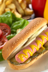 Hotdog with pickles, onion and mustard