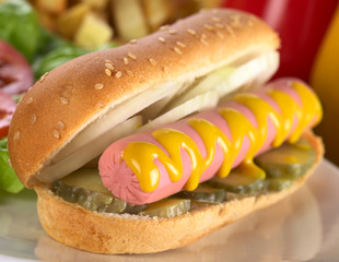 Hotdog with pickles, onion and mustard