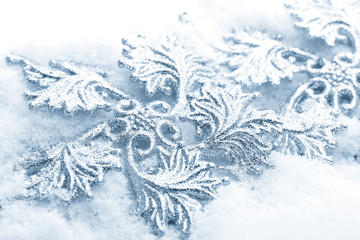 Shiny Christmas ornaments with snow.