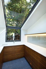 Modern empty apartment, kitchen with panoramic window